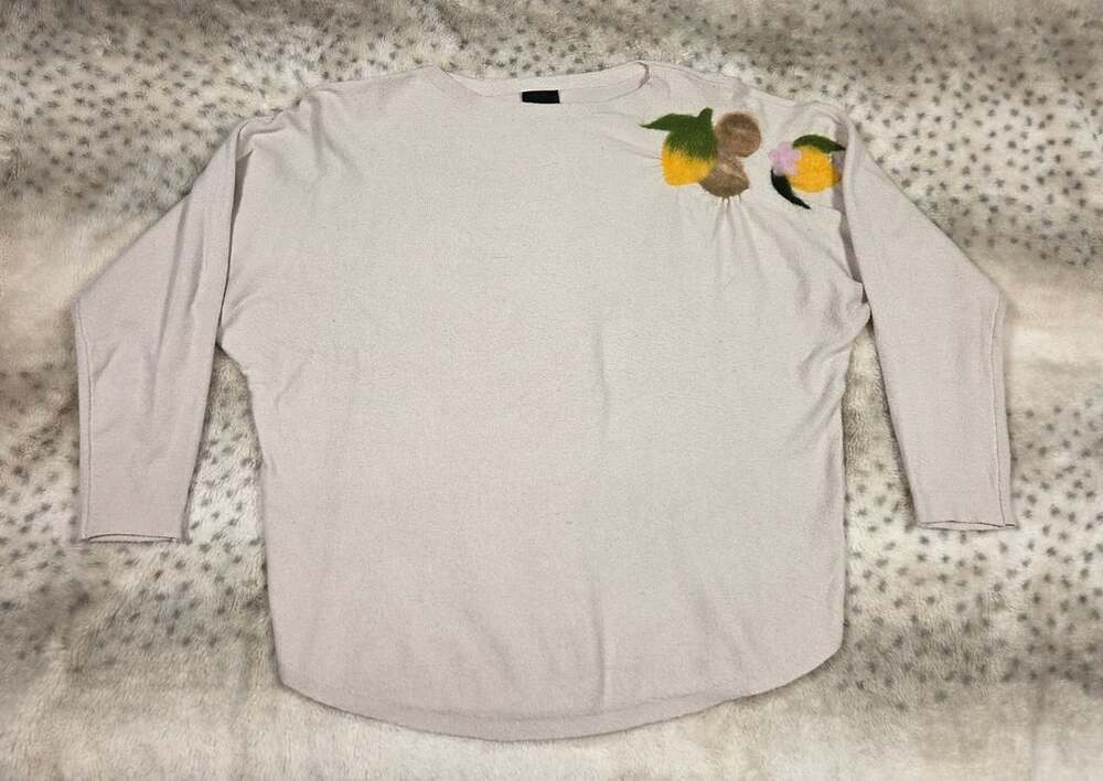 Aaeda White Long-Sleeve T-Shirt with Felt Lemon and Flower Embroidery, Size S